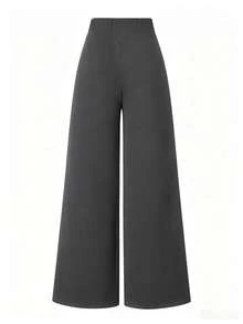SHEIN LUNE Plus Size Women Fashion Minimalist Slimming Casual Versatile Seam Front Loose Wide Leg Pants - Dark Grey - View 2