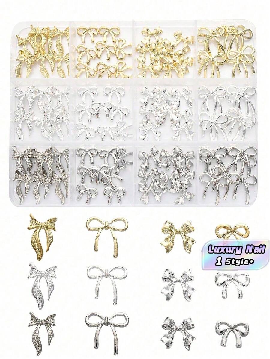 96件金属蝴蝶结美甲饰品，3D合金银色、金色、灰色领结美甲装饰，镶钻闪亮DIY美甲用品，送给女性、女友、朋友的奢华礼物 - 彩色 - 查看 1