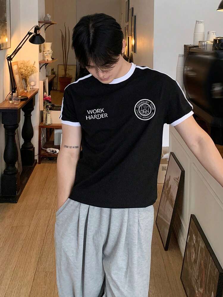 Men's Black Letter Print Short Sleeve T-Shirt, Summer
