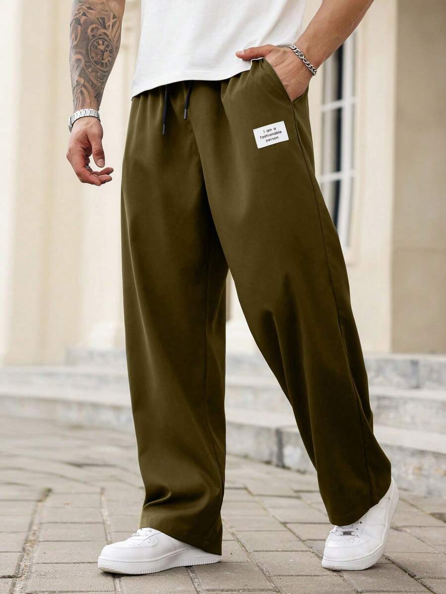 Manfinity Homme Plus Size Men's Slant Pocket Solid Color Drawstring Waist Casual Pants - Mocha Brown - View 1