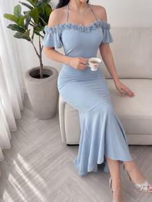 Feyla Women's Elegant Party Solid Color 3D Floral Decor Off-Shoulder Halter Mermaid Dress - Blue - View 2