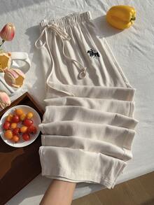 Comfortcana Quần nữ cỡ lớn có dây rút, kiểu dáng hiệp sĩ, thêu họa tiết, thích hợp mặc hàng ngày. - Màu be - Xem 5