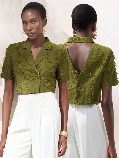 Aveloria Modichic Elegant And Chic Commuting & Casual Wear Women's Short Sleeve Blazer Jacket, Luxury Design With Green Jacquard Fabric, Tassel Decor, Triangular Cutout Back, Button Accent