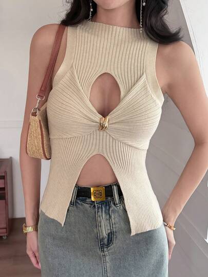 DAZY Áo dệt kim gợi cảm kiểu dáng nghỉ mát, cổ tròn, không tay, khoét lỗ, trang trí cúc xoắn dành cho nữ.