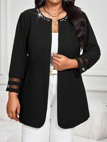 SHEIN Lady CURVE Áo khoác dài tay cổ tròn đính hạt màu đen thanh lịch, giản dị cho mùa thu đông cỡ lớn - màu đen - Xem 5