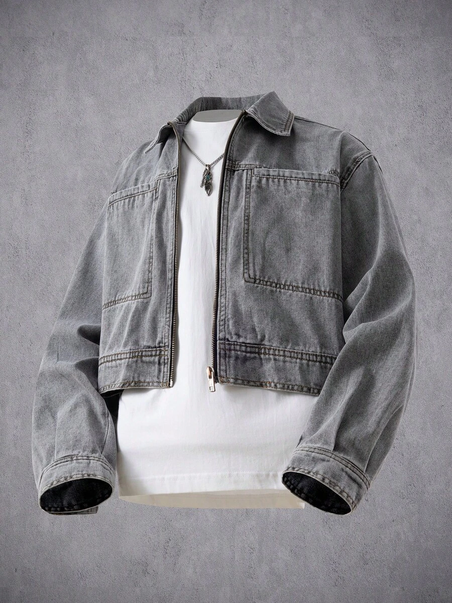 Manfinity Denimwave Áo khoác denim dài tay nam có khóa kéo, kiểu dáng thường ngày, đa năng. - Xám - Xem 1