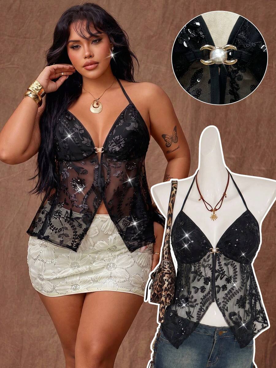 Rustia Camiseta sin tirantes con lentejuelas brillantes de talla grande, top sin espalda elegante de estilo callejero con lentejuelas metálicas y hebilla en forma de A - Negro - Ver 1