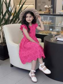 Elladie kids 一件式女童甜美度假连衣裙，玫红色心形镂空短袖圆领束腰大蝴蝶结装饰公主风短裙，可爱花朵镂空设计，A字廓形，及膝长度，适合日常穿着、购物、海滩、度假等场合。 - 玫紅色 - 查看 8