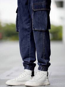Manfinity Homme Plus Size Men's Drawstring Waist Pockets Cargo Denim Jogger Pants - Dark Wash - View 8