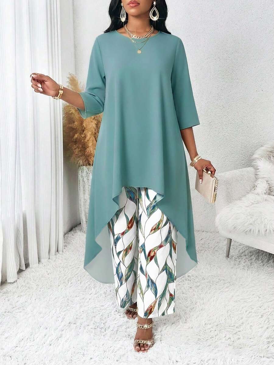 SHEIN Lady Bộ đồ 2 món cỡ lớn: Áo cổ tròn màu trơn và quần in họa tiết. - Nhiều màu - Xem 1