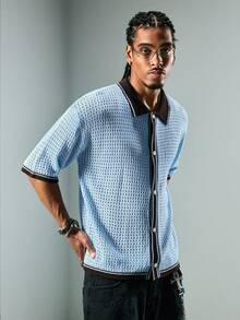 ROMWE MEN Men's Contrast Color Short Sleeve Single-Breasted Casual Knit Top - Multicolor - View 5