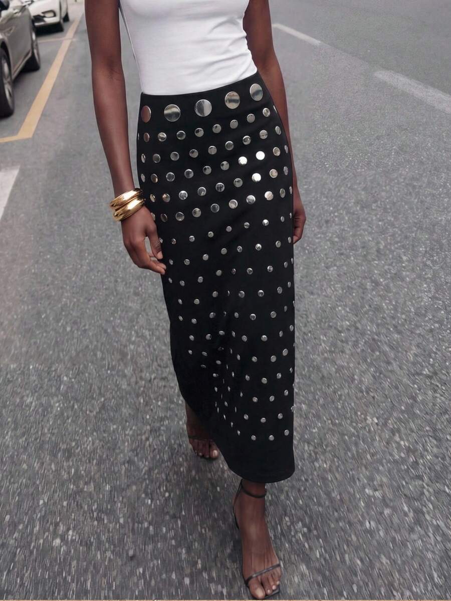 SHEIN Maija Women's Studded Black Straight Skirt, Elegant Fashion For Party Occasions,Minimalist Design, Spring, Christmas, New Year, Thanksgiving,Modern City, Fashion, Summer, Beach Summer Holiday Beach Vacation Summer Going Out Graduation - Black - View 1
