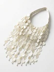 MUSERA Sequin Tassel Srape Detail Satin Handbag Summer Beach Swim Going Out Daily Spring Holiday Accessory - Beige - View 5