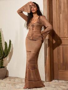 EURMUSE Tall Vestido largo de ganchillo casual de vacaciones con cuello en V detallado y calado para mujer de talla alta - Marrón - Ver 4