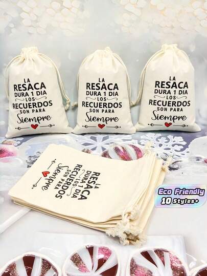 10PCS Beige Spanish Party Hangover Gift Pouches Recovery Item Packaging Bags For Party Favors Supplies Drawstring Muslin Cotton Organic Reusable For Wedding Favor Bridal Shower Bachelorette