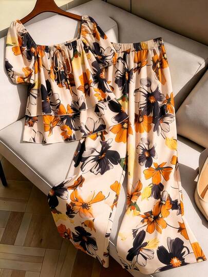 GlowEve CURVE Plus Size Women's French Vacation Style Set, Large Floral Oil Painting Print Square Neck, One-Shoulder Ruffle Puff Sleeve Layered Blouse + Wide Leg Pants, Beach Vacation 2-Piece Set, Casual Commute French Retro Style, Daily Date Outing Outfit, New Summer Collection
