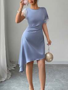 SHEIN Raffinéa Đầm satin mùa hè thanh lịch, ngọt ngào màu xám xanh phối ren, eo thắt lệch vạt, thích hợp cho các buổi hẹn hò, dành cho nữ. - Xám Xanh - Xem 8