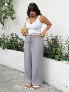 GalTyme Pantalones casuales de talla grande para mujer de primavera/verano con rayas, cintura con cordón y bolsillos en diagonal - Multicolor - Ver 4
