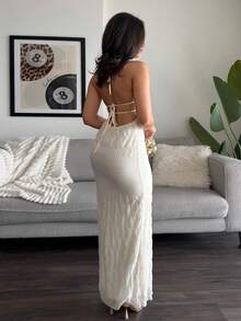leahseptember Women's Solid Color Pleated Fitted Backless Sexy Dress,Dresses For Women Elegant Party - Apricot - View 2