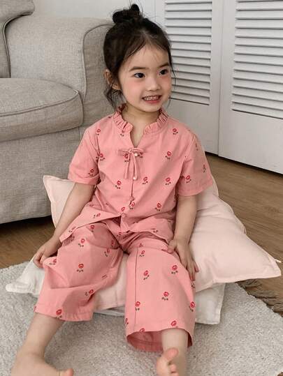 DAZY Babyflicka med blommönster och knappar, fluga, shortsärm, topp och vardagsbyxor, hemklädesset