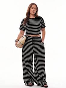 Plus Size Red Striped T-Shirt And Pants Casual 2 Pieces Set, Summer - Black - View 5