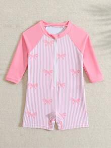 Cute Black Pink Newborn Baby Striped Bow Swimsuit,Long Sleeve One-Piece,Soft UPF Fabric,Front Zipper,Infant Summer Beach Vacation Pool Swimwear - Pink - View 6