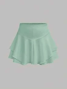 Tween Girls' Solid Color Pleated Casual Versatile Daily & Sports Skorts - Green - View 5