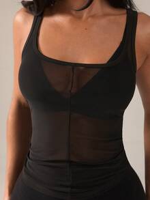 SHEIN BAE 女士休闲运动透视露背背心 - 黑色 - 查看 8
