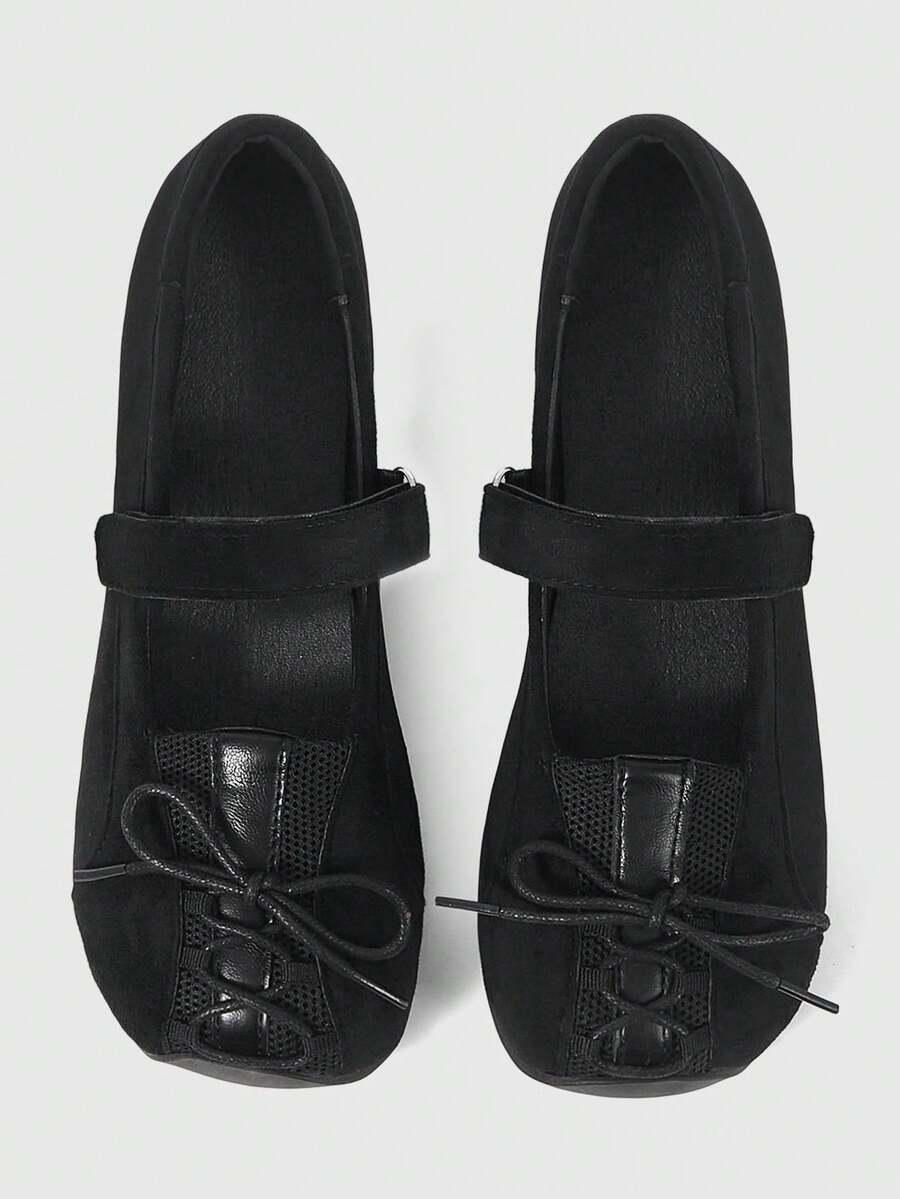 ROMWE Grunge Punk Women's Black Ballet Shoes Lace-Up Soft Bottom Loafers, Mary Jane Oxfords, JK Uniform Shoes, Platform & Thick Sole Pumps For Christmas - Black word tape - View 1