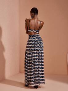 JIAN LASALA Đầm nghỉ mát nữ phong cách Boho in họa tiết toàn thân bằng vải lưới, cổ chữ V sâu, xếp ly, dây đeo có thể điều chỉnh. - Nhiều màu - Xem 2