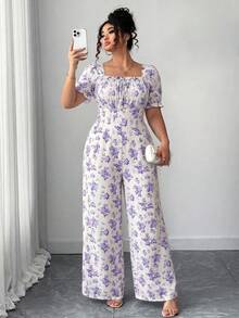 Elenzga Bộ áo liền quần nữ cổ vuông họa tiết hoa nhí, tay cánh hoa, lưng hở, thắt nơ phía trước. - Màu tím - Xem 5