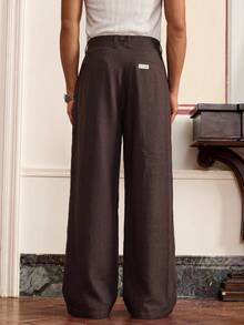 SWAVVY Men's Solid Color Pleated Wide Leg Loose Casual Long Pants,For Spring And Autumn - Brown - View 2