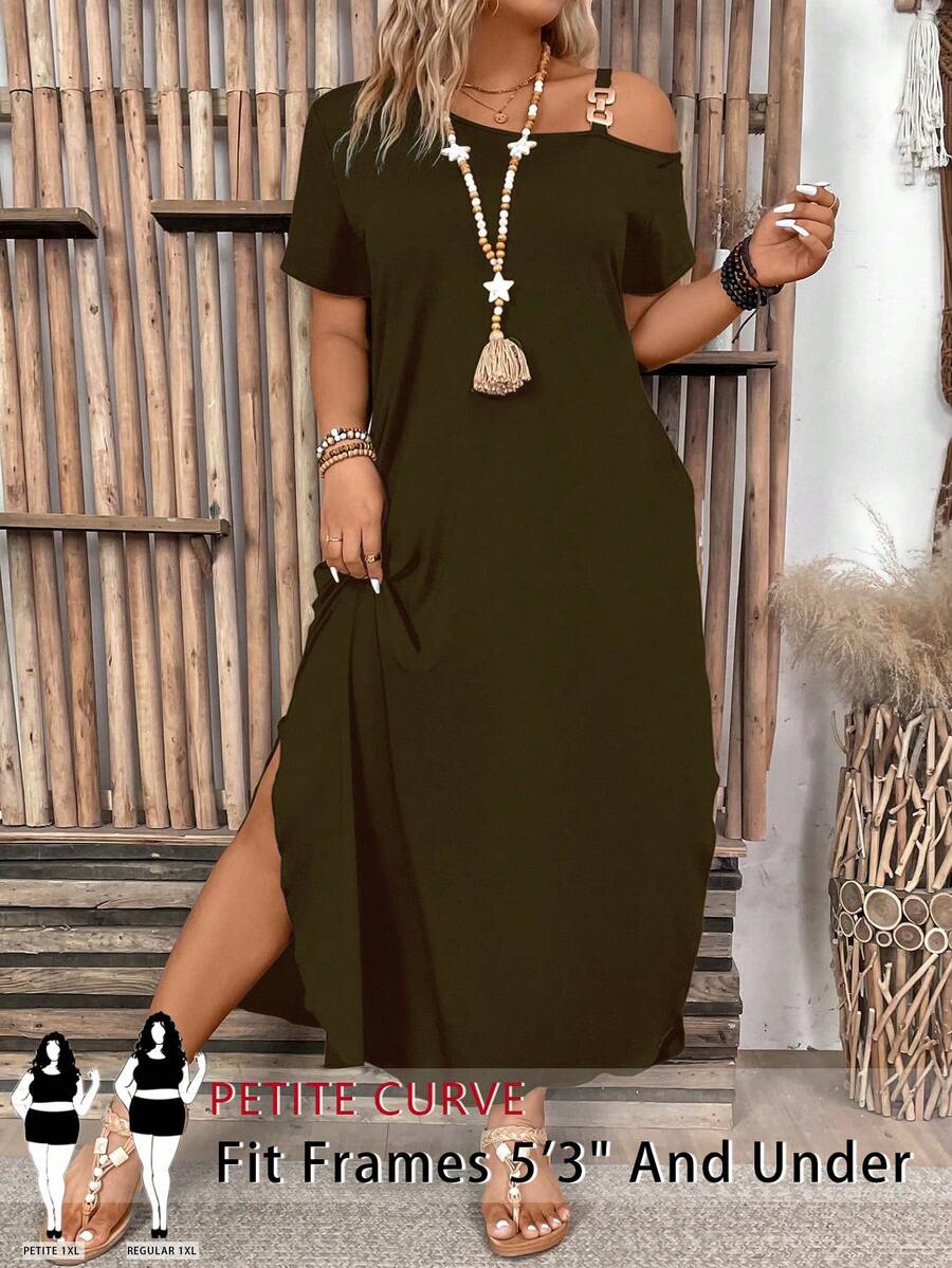 SHEIN PETITE CURVE Đầm đơn giản màu trơn dành cho nữ cỡ lớn, thích hợp mặc hàng ngày, kiểu maxi cho Lễ Tạ ơn, hở vai, trang phục mùa hè cho nữ. - xanh quân đội - Xem 1