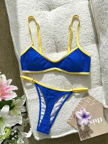 Swim SXY 女士泳装比基尼性感纯色拼接比基尼，内置胸罩露脐背心吊带泳衣，适合度假、海滩、Y2K风格、健身等场合，适合情人节、新年派对、度假、都市海滩波西米亚风等各种场合，2026春夏沙滩装 - 藍色 - 查看 4