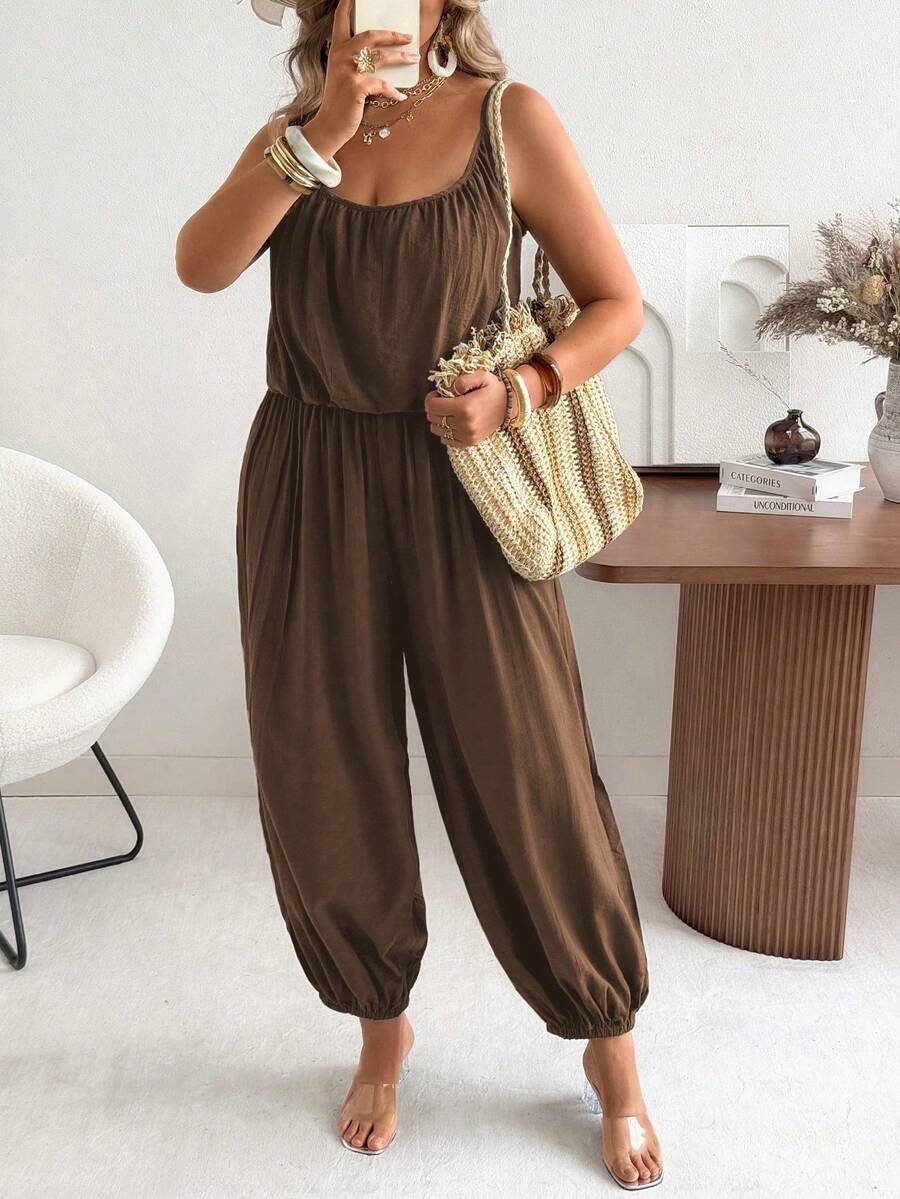 Ceyna Plus Size Solid Color Elegant Casual Pleated Wide Leg Jumpsuit - Brown - View 1