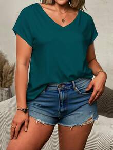 EMERY ROSE Deep Lake Green V-Neck Short Sleeve Plus Size T-Shirt, V-Neck Batwing Sleeve Design - Multicolor - View 3