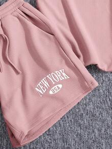 SHEIN 少女针织休闲英文印花宽松T恤和短裤两件套 - 粉色 - 查看 4
