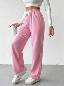 EURMUSE Women's Casual Solid Color Drawstring Waist Sweatpants - Pink - View 4