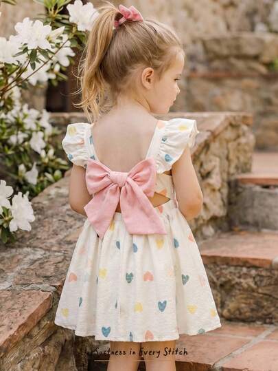 Cozy Pixies Baby Mädchen Herzenmuster Farbblock Schleife Dekor Rundhals Kurzarm Taille gerafft Kleid