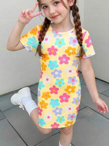 少女针织碎花修身休闲连衣裙 - 彩色 - 查看 2