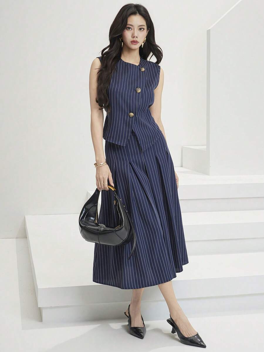 Heiryn Women Striped Asymmetric Button Sleeveless Top And Mini Skirt 2 Pieces Set - Navy Blue - View 1