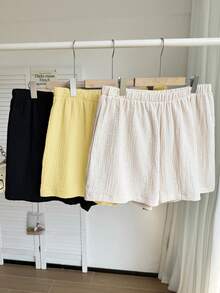 Comfortcana 3pcs Plus Size Solid Color Linen Comfortable Casual Shorts, Spring/Summer, 2pcs Soft Cotton Shorts Set Office Black Beige White - Multicolor - View 2