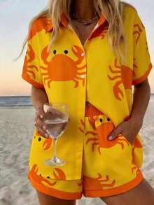 Vaclyn Women's Casual Crab Print Shirt & Shorts Set - Yellow - View 3