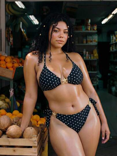 Swim Mod Bộ bikini buộc cổ kiểu yếm, in chấm bi, trang trí kim loại, cỡ lớn.