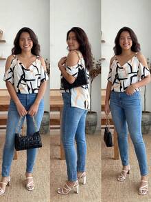 Plus Size Women's Printed Cold Shoulder Top With Chain Decoration For Summer - Multicolor - View 4