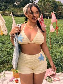 Swim Mod Plus Size 2-Piece Mustard Yellow Textured Starfish Embroidery Camisole Top & Shorts Bikini Set,Light Blue,Summer,Beach,Holiday,Holiday Bikini Set - Light Yellow - View 4
