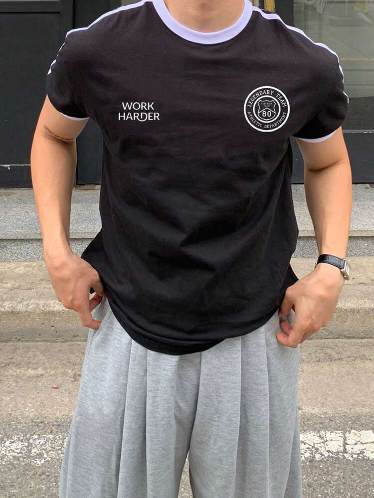 Men's Black Letter Print Short Sleeve T-Shirt, Summer