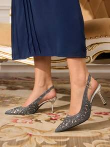 CUCCOO TILAWA Women's Pointed Toe High Heel Shoes, Fully Decorated With Rhinestones, Adjustable Strap Design, Suitable For All Seasons - Elegant Bohemian Middle Eastern Style Street Outfit, Suitable For Valentine's Day, Office And Casual Occasions - Grey - View 4