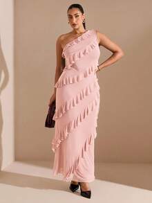 SHEIN BAE Plus Size Women Asymmetric Ruffle Hem Long Dress, Early Autumn - Baby Pink - View 3