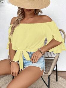 EMERY ROSE Plus Size Women Summer Beach Vacation Minimalist Solid Color Off Shoulder Ruffle Sleeve Tie Hem Blouse - Light Yellow - View 4
